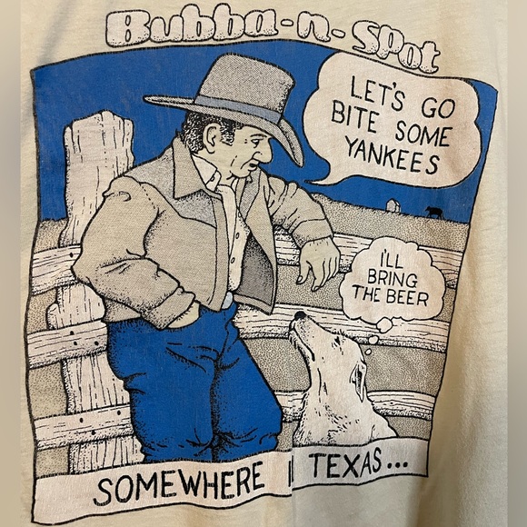 VTG Texas Tops single stitch ivory Bubba-n-Spot graphic tee sz L - Picture 5 of 11